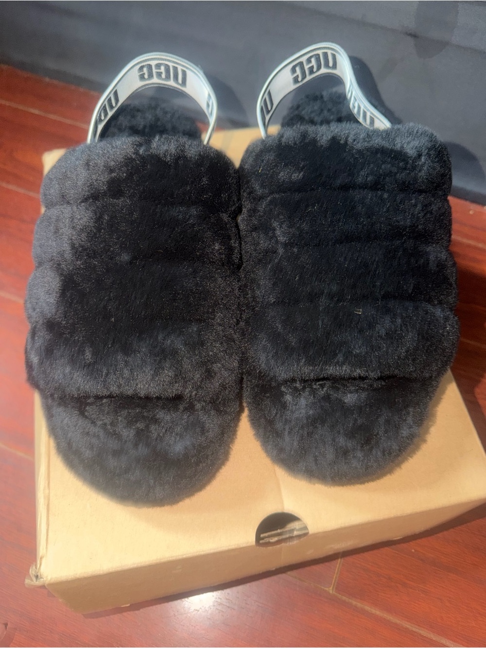 UGG Black Plush Slide with Logo Heel Strap